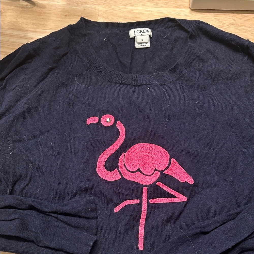 J. Crew factory navy teddy sweater with Pink Flamingo